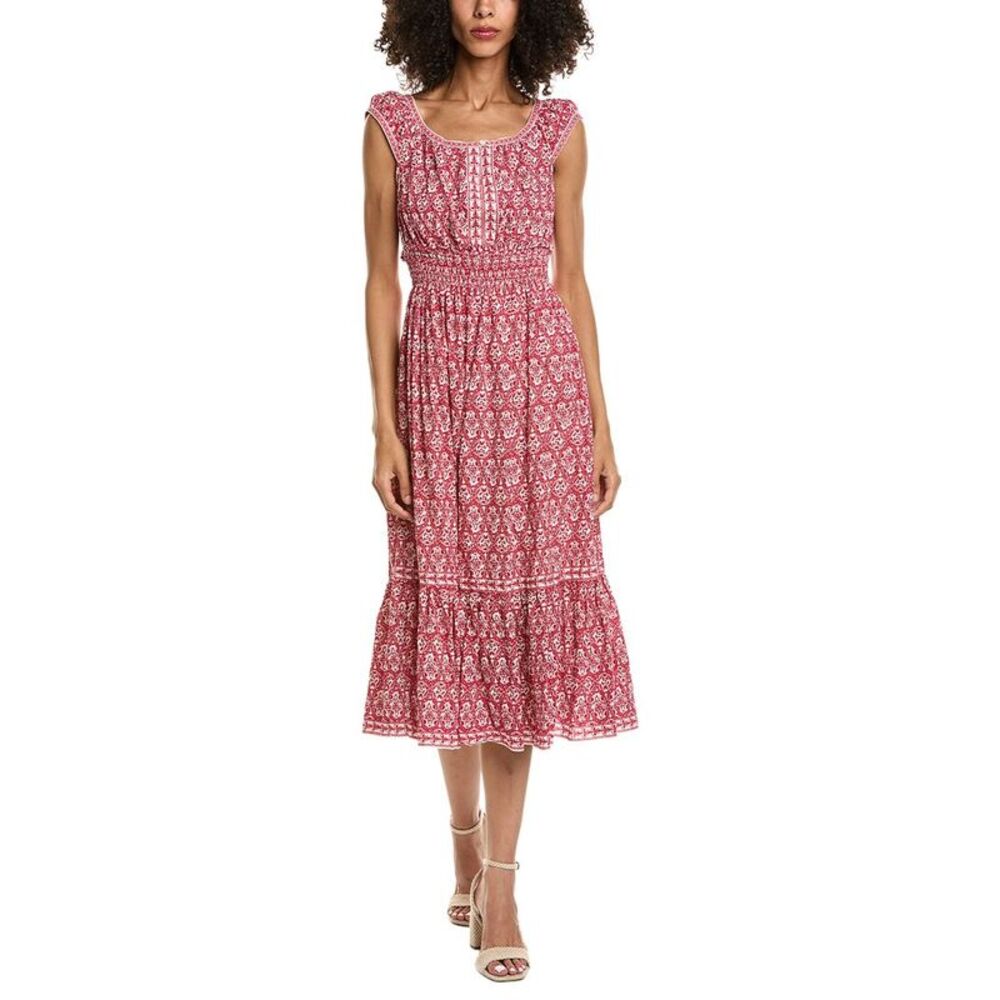 Max Studio Womens  Cap Sleeve Tiered Midi Dress, Red